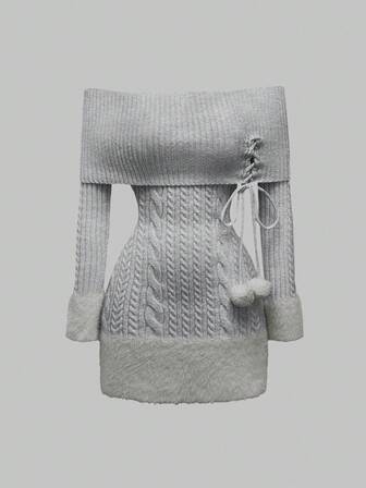 Kawaii Robe pull femme avec pendentif boule de fourrure à l'épaule, patchwork moelleux, convient pour le Nouvel An, la Saint-Valentin