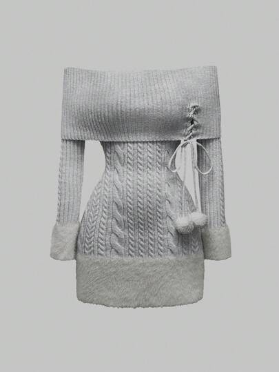 Kawaii Off-Shoulder Furball Pendant Decorated Fuzzy Patchwork Women's Sweater Party Dress, Suitable For New Year, Valentine's Day