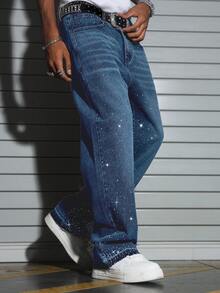 Manfinity EMRG Jeans de pierna ancha con estampado de rhinestones para hombre - Azul lavado medio - Ver 3