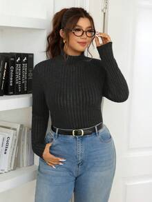 SHEIN Frenchy Plus Solid Ribbed Slim Fit Mock Neck Knit Tee - Dark Grey - View 1
