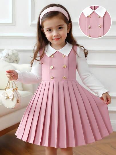 SHEIN Elladie kids Girls Navy Blue Peter Pan Collar Double-Breasted Pleated Hem Long Sleeve 2 In 1 Dress, Suitable For Casual, Elegant, Commute, School Style Autumn Fall