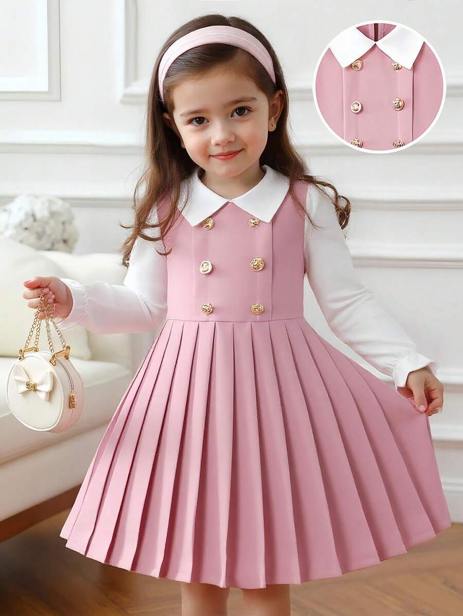 SHEIN Elladie kids 女童藏蓝色彼得潘领双排扣褶裥下摆长袖两用连衣裙，适合休闲、优雅、通勤、校园等场合。 - 粉色 - 查看 1