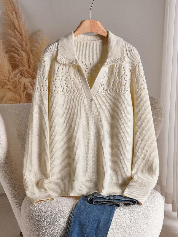 CosyJoli كنزة صوفية كاجوال طويلة الأكمام بنمط زهري مثقب ذات لون أحادي مناسبة للمقاسات الكبيرة