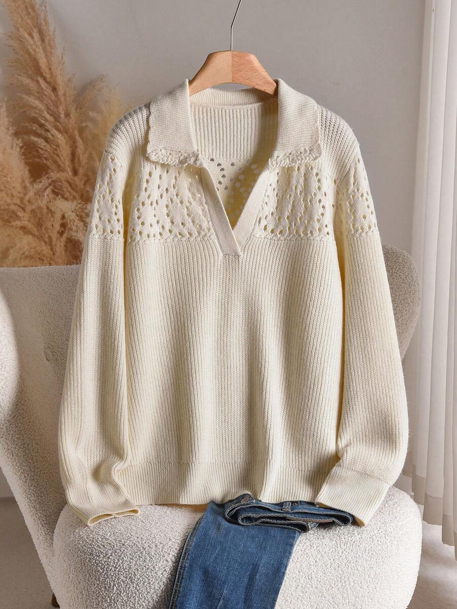 CosyJoli Plus Size Solid Color Hollow Perforated Floral Pattern Casual Versatile Long Sleeve Pullover Sweater/Winter Fall/Winter - Apricot - View 1