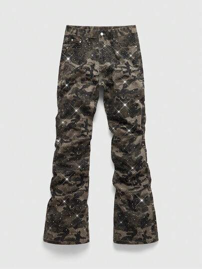 Street Life Men's Sparkling Diamond Layered Flare Camouflage Jeans