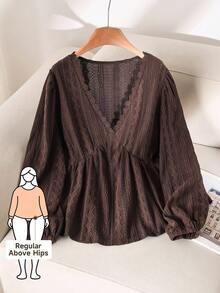 CosyJoli 女式加大码 V 领长袖收腰纹理棕色长袖 T 恤，休闲百搭日常穿着