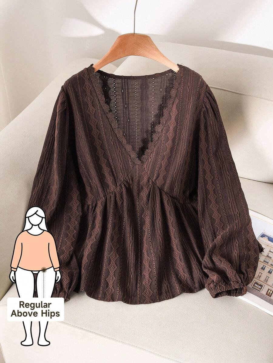 CosyJoli 女式加大码 V 领长袖收腰纹理棕色长袖 T 恤，休闲百搭日常穿着