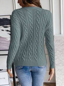 SHEIN LUNE Casual Solid Color Crew Neck Sweater, Autumn/Winter - Dusty Blue - View 2
