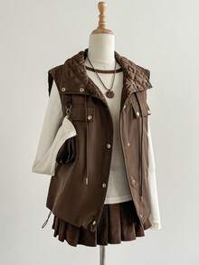 SHEIN Unity Áo khoác vest ngắn không tay cổ đứng đơn giản, phong cách Pháp cổ điển thanh lịch, dành cho người đi làm, mùa thu/đông - màu nâu - Xem 1