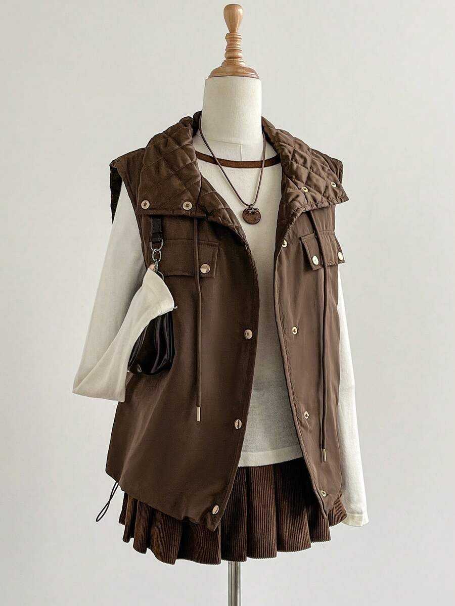 SHEIN Unity Áo khoác vest ngắn không tay cổ đứng đơn giản, phong cách Pháp cổ điển thanh lịch, dành cho người đi làm, mùa thu/đông - màu nâu - Xem 1