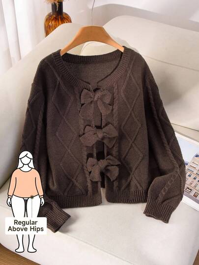 CosyJoli 大码女式棕色蝴蝶结领开衫针织毛衣，休闲通勤装，舒适，秋冬棕色系带前毛衣蝴蝶结女式毛衣棕色毛衣棕色开衫蝴蝶结毛衣秋季