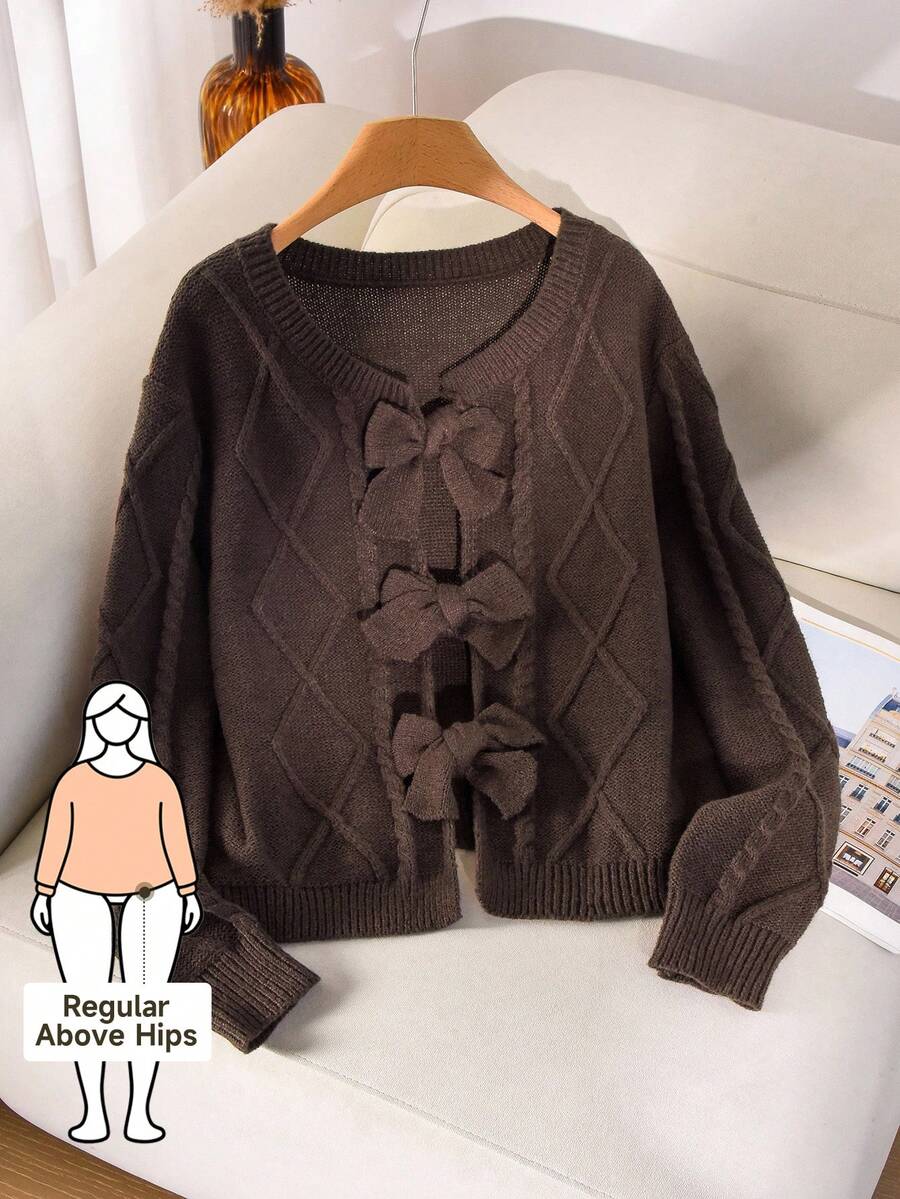 CosyJoli 大码女式棕色蝴蝶结领开衫针织毛衣，休闲通勤装，舒适，秋冬棕色系带前毛衣蝴蝶结女式毛衣棕色毛衣棕色开衫蝴蝶结毛衣秋季 - 棕色 - 查看 1