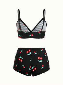 Bonmuse 3pcs Women Heart, Cherry, Leopard Print Ruffled Lace Trim Lingerie Bra Set, Kawaii - Multicolor - View 5