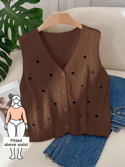 CosyJoli Plus Size Women Heart Design Single Breasted Sleeveless Knitted Top, Casual Fashion Spring To Summer