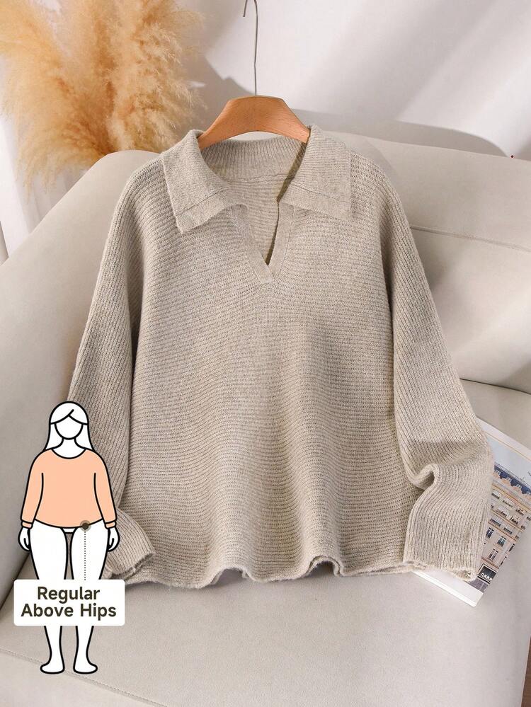 CosyJoli Plus Size Women's Solid Color Turndown Collar Long Sleeve Loose Casual Pullover Sweater Women Collared Sweater Lightweight Knit Sweater Ribbed Sweater Sweater For Women V-Neck Pullover Sweater Women Pullover Ribbed Knit Sweater In Fall/Winter