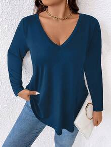 Femmeverse Camiseta casual de manga larga con cuello en V de un solo color para tallas grandes, para primavera - Neblina azul - Ver 3