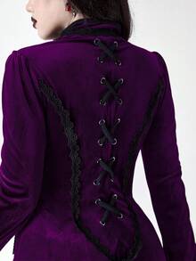 ROMWE Gothic Retro Palace Style Contrast Color Lace Trim Velvet Long Jacket For Women - Purple - View 8