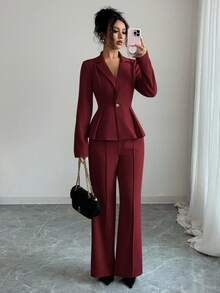 Elenzga Tall 女士酒红色厚面料V领西装外套，配黑色撞色纽扣和装饰性口袋，优雅专业的教师制服套装，适合感恩节、万圣节、秋季新品等场合，时尚必备单品，长袖宽松直筒裤两件套，情人节礼物之选。 - 酒紅色 - 查看 4