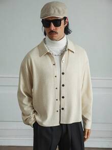 HUEFORM Men's Old Money Snap Design Casual Everyday Versatile Long Sleeve Shirt,Textured Fabric, Stiff Fabric Suitable For Commuting Occasions - Beige - View 5