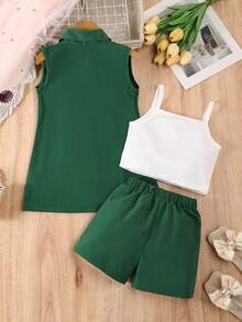 SHEIN Elladie kids 女童三件套正式套装：粉色西装外套、针织吊带背心、珍珠装饰短裤，休闲优雅夏季装扮 - 綠色 - 查看 2