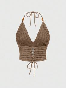 ROMWE Hippie 波西米亚风夏季女式嬉皮度假风眼睛、月亮和星星刺绣蓝绿色串珠针织上衣 - 咖啡棕 - 查看 4