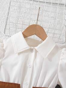 SHEIN Young Girl Casual Everyday Commute Puff Sleeve Asymmetrical Hem Contrast Waist Belt Shirt Dress, Autumn/Spring - Multicolor - View 5