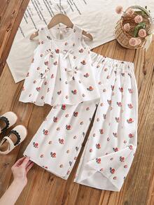 Young Girls Summer 2pcs Set,White Base Red Floral Print Sleeveless Tank Top With Butterfly Decor,Loose Pants,Sweet Vintage Style Cute Outfits - White - View 3