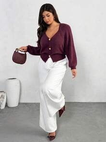 Firerie 大码纯色前扣心形领休闲长袖开衫 - 紅色 - 查看 6