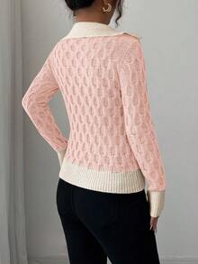 Elenzga pull élégant à motif, coupe ajustée, design mode 2 en 1 avec col en V, pour le travail et la vie quotidienne, nouvelle collection automne/hiver pour femmes - Rose bonbon - Voir 2