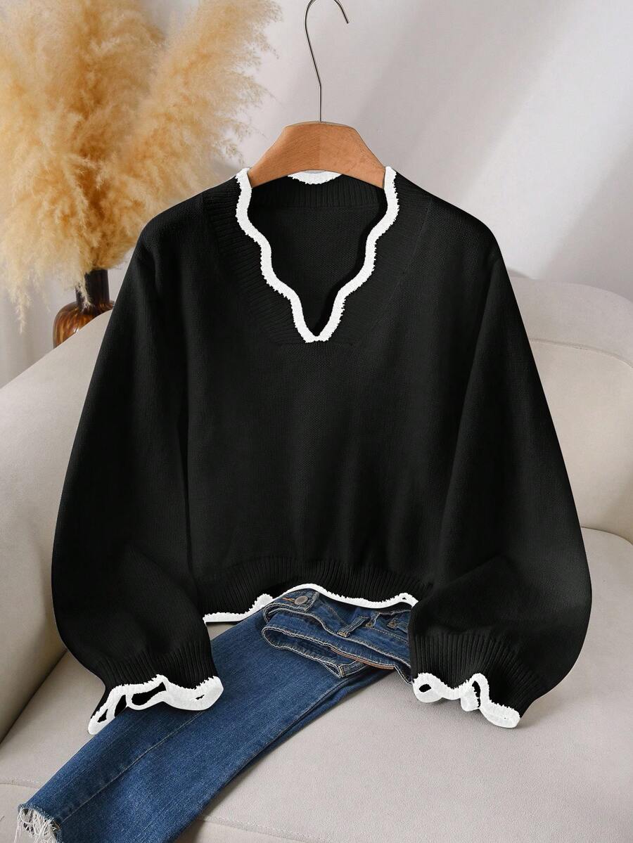 SHEIN Cosyjoi Áo len dệt kim màu khối lượn sóng thanh lịch cỡ lớn dành cho nữ - màu đen - Xem 1