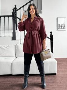 SHEIN Essnce 大码女式秋冬春装休闲宽松长袖紫红色长衬衫，V领，适合工作、教师、办公室穿着，秋季简约风格 - 紅木色 - 查看 5