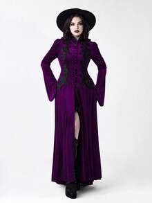 ROMWE Gothic Retro Palace Style Contrast Color Lace Trim Velvet Long Jacket For Women - Purple - View 11