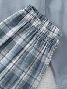 2pcs/Set Boys' Casual Solid Gray Round Neck Long Sleeve Top & Classic Plaid Pants Pajama Set - Dusty Blue - View 4