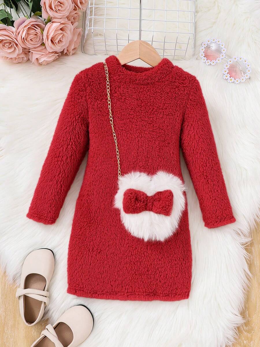 SHEIN Váy len hai mặt trơn màu ngọt ngào thời trang cho bé gái kèm túi đeo chéo - Đỏ - Xem 1
