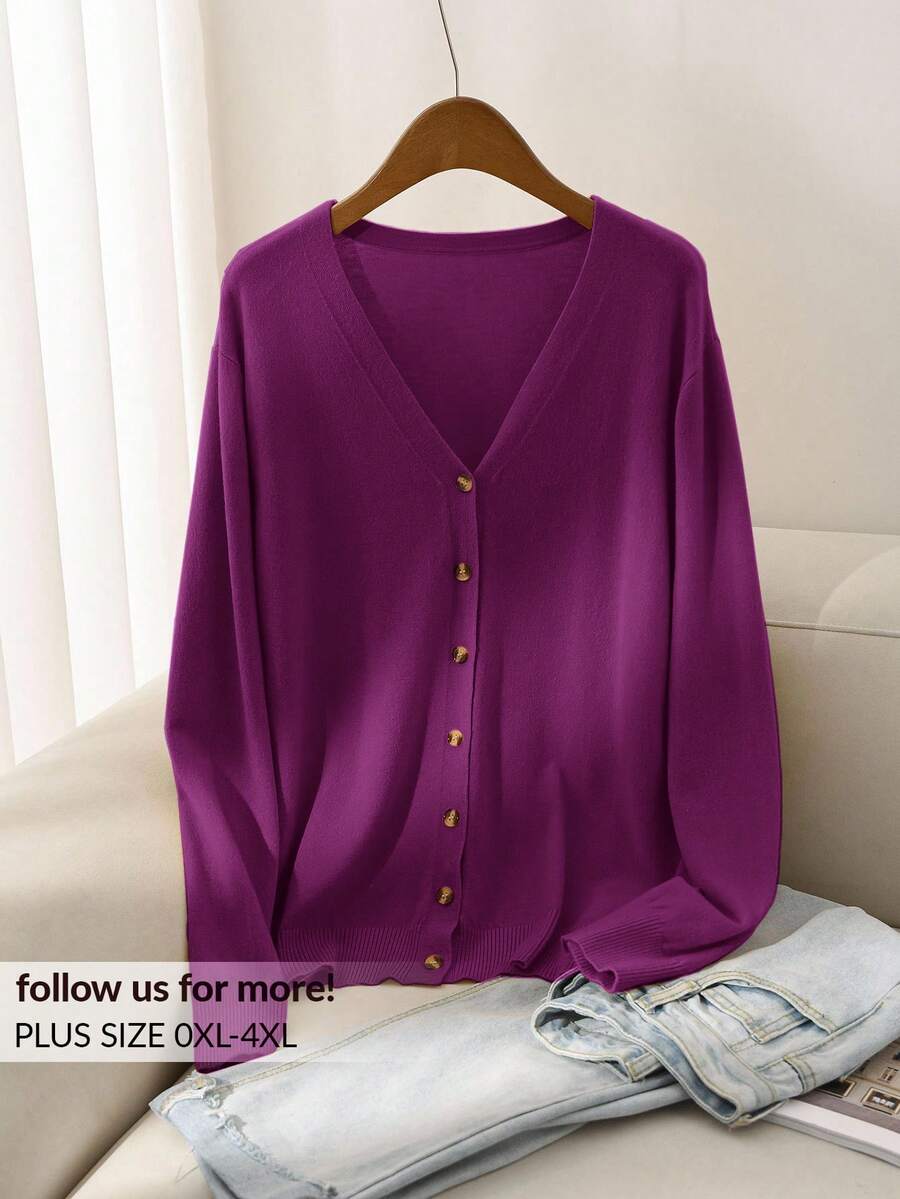 CosyJoli 秋季大码女式休闲纯色开衫 - 中紫紅色 - 查看 1