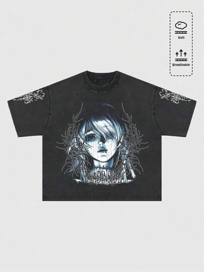 ROMWE MEN Anime Áo thun nam cổ điển, dáng boxy fit, phong cách đường phố cổ điển