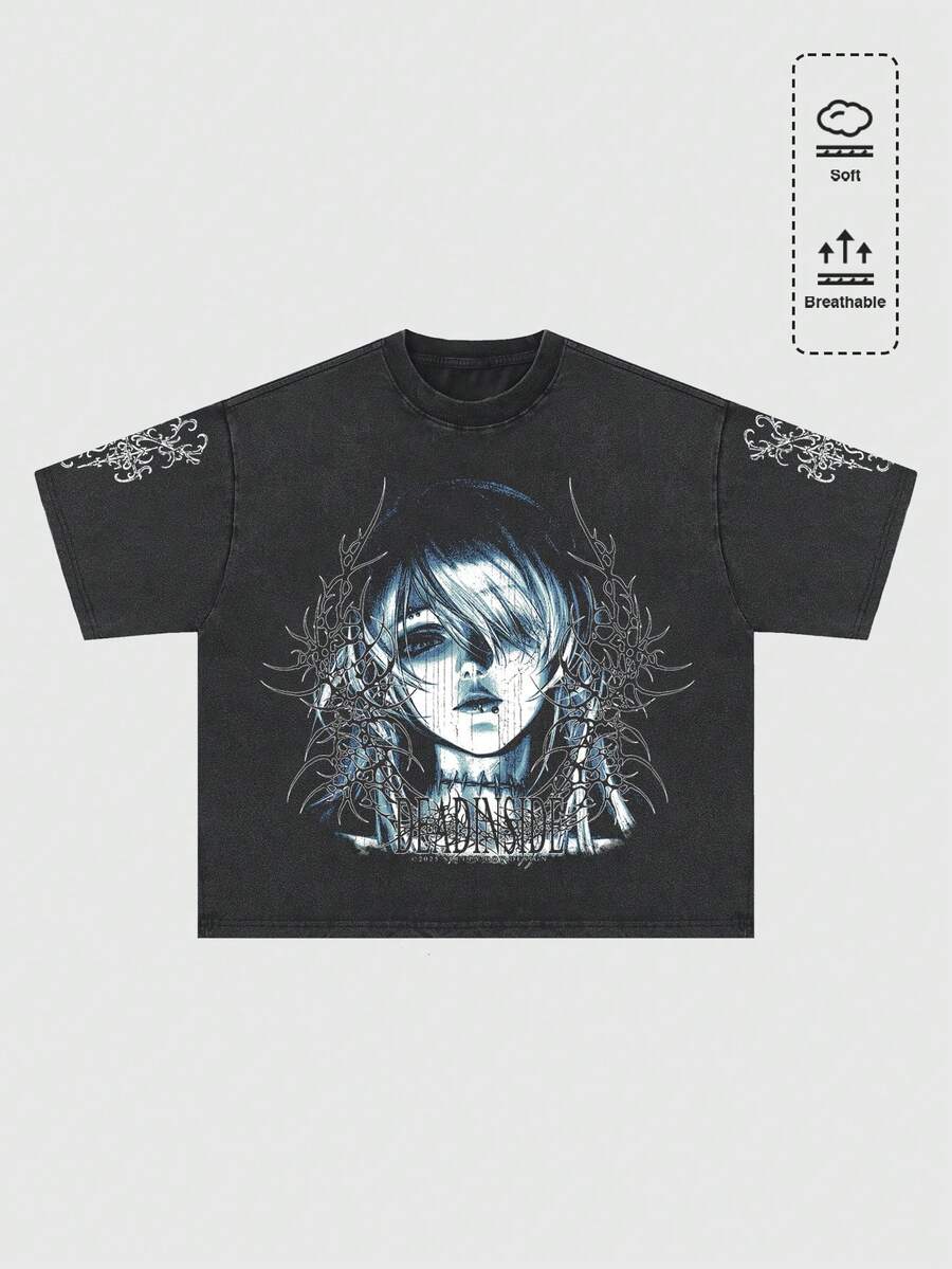 ROMWE MEN Anime 男士复古水洗宽松版型印花T恤，复古街头风 - 黑色 - 查看 1