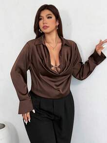 Firerie Blusa elegante, romantica e casual da donna, adatta per l'ufficio e la città, di colore marrone caffè, con collo drappeggiato, maniche lunghe, vita stretta e laccio, vestibilità regular, adatta per insegnanti, autunno - Castano - Visualizzare 6