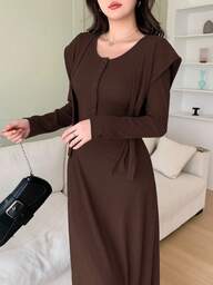 Feyla Vintage elegantes lässiges Kleid mit langen Ärmeln, umwickelbarer Taille und schlanker Passform