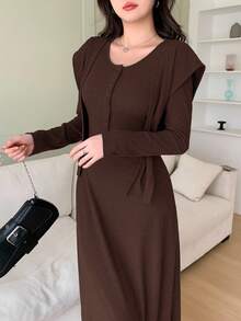 Feyla Váy quấn eo đơn giản, thanh lịch, cổ điển, tay dài, thoải mái - Cà phê nâu - Xem 1