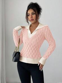 Elenzga pull élégant à motif, coupe ajustée, design mode 2 en 1 avec col en V, pour le travail et la vie quotidienne, nouvelle collection automne/hiver pour femmes - Rose bonbon - Voir 4