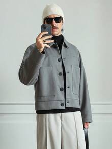 Manfinity Homme 男士灰色素色前開鈕扣口袋休閒長袖羊毛混紡大衣，厚實保暖面料，適合秋冬冬季，端莊得體，適用工作與日常通勤 - 灰色 - 查看 7