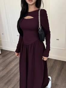 Feyla Elegant Hollow-Out French Style Slimming Dress - Red Violet - View 4