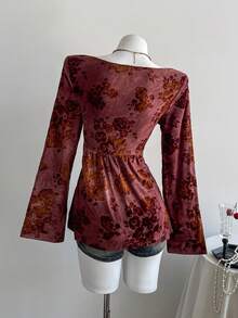 Lyxana Vintage Burgundy Flocked Twist Front A-Line Long Sleeve Party Top For Women - Burgundy - View 2