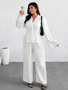 Bộ 2 món áo sơ mi dài tay thanh lịch, giản dị, thoải mái, phù hợp với mọi vóc dáng cho nữ cỡ lớn, chất liệu vải kết cấu thoải mái, thích hợp mặc hàng ngày, mùa thu/đông - trắng - Xem 5