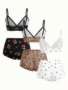 Bonmuse 3pcs Women Heart, Cherry, Leopard Print Ruffled Lace Trim Lingerie Bra Set, Kawaii - Multicolor - View 2