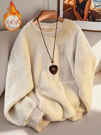 Franclia 女士杏色休闲圆领蓬松长袖卫衣，带大口袋长袖卫衣，毛绒口袋套头卫衣，杏色灯笼袖冬季卫衣