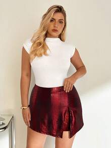 SHEIN Essnce Plus Size Ladies Casual PU Slit Skirt, Summer For Women Carnival - Red - View 3