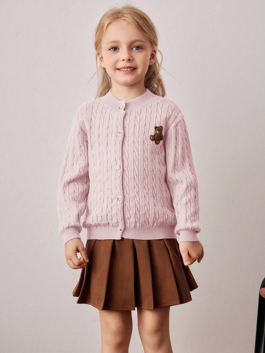 PrepCrw Young Girls' Collegiate Style Bear Embroidery Patch Front Knit Cardigan - Dusty Pink - View 1