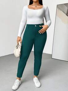 SHEIN Essnce Plus Size Women's Spring And Summer Fashion Casual Comfortable Basic Daily Versatile Slim High Elastic Tights,Women Bottom,Curve Pants,Work Pants,Office For Women,Airport For Women,Minimalist Style,Teacher,Stretch Comfort Pants - Dark Green - View 7